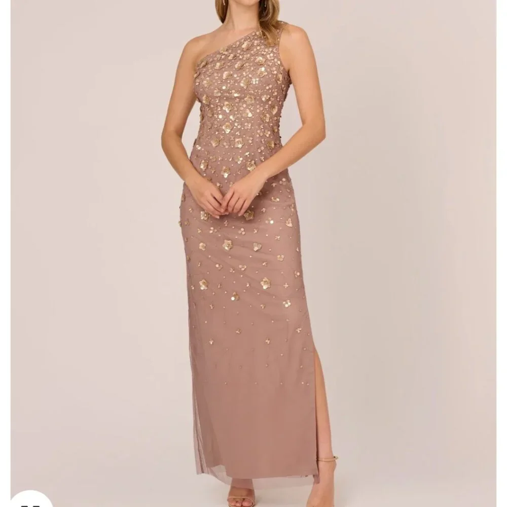 3D FLORAL HAND-BEADED ONE-SHOULDER LONG COLUMN GOWN IN STONE - Picture 1 of 4